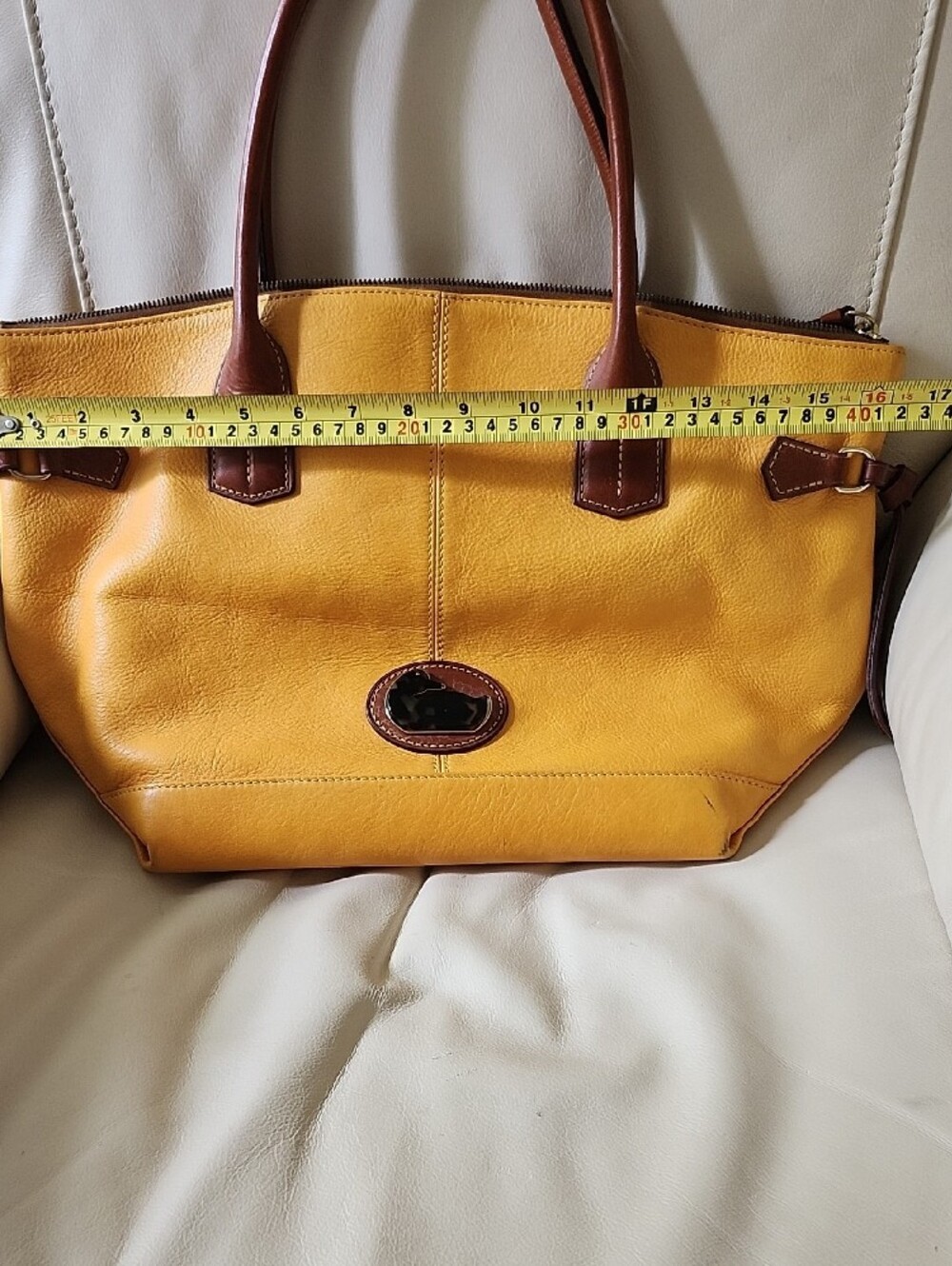 Dooney & Bourke Yellow Leather Tote with Brown Trim and Handles - Picture 7 of 11